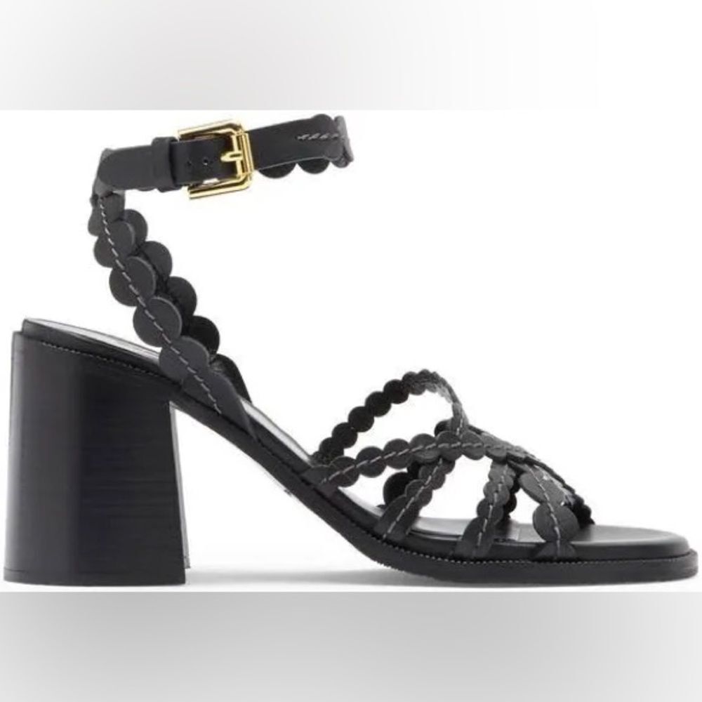 See by Chloe Black Kaddy Scallop Leather Block-Heel Sandals Sz 38.5 or US 8.5 - Picture 5 of 11